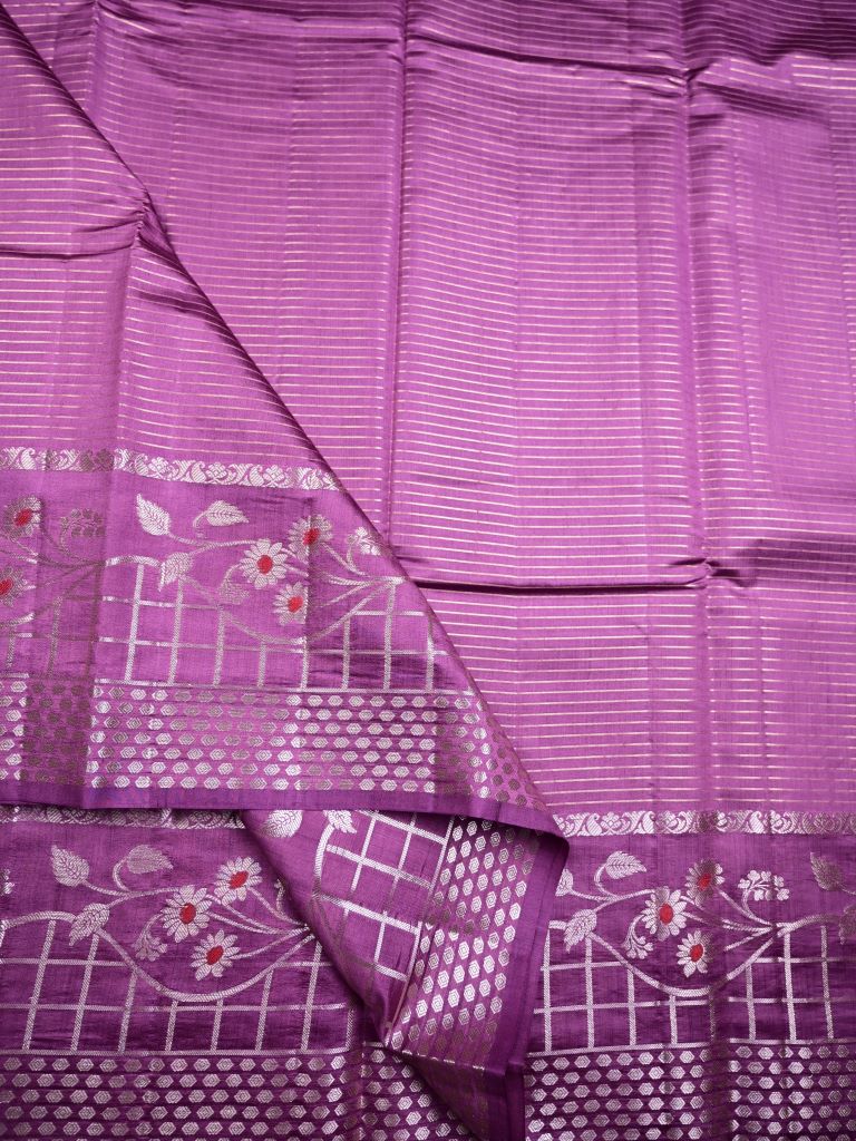 Raw mango pattu saree lavender color allover zari stripes & zari border with brocade pallu and brocade blouse