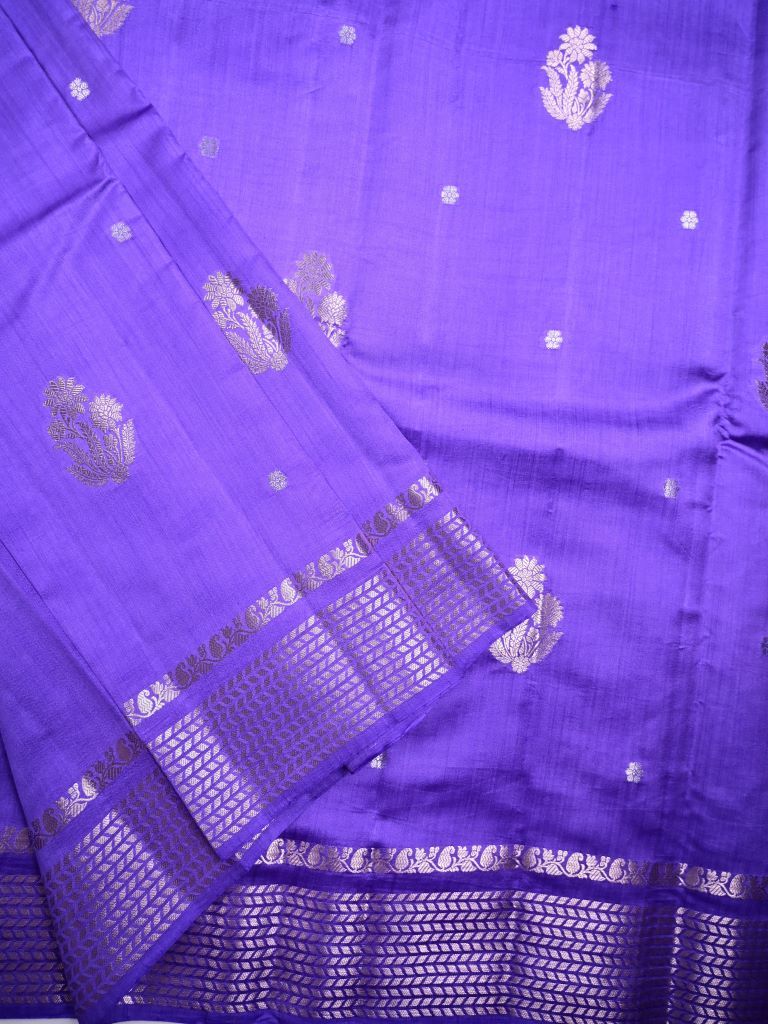 Raw mango pattu saree lavender color allover zari motifs & zari border with short pallu and brocade blouse