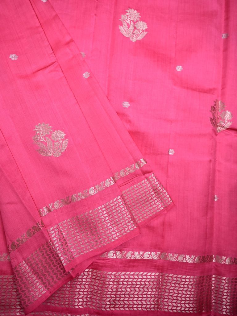 Raw mango pattu saree baby pink color allover zari motifs & zari border with short pallu and brocade blouse