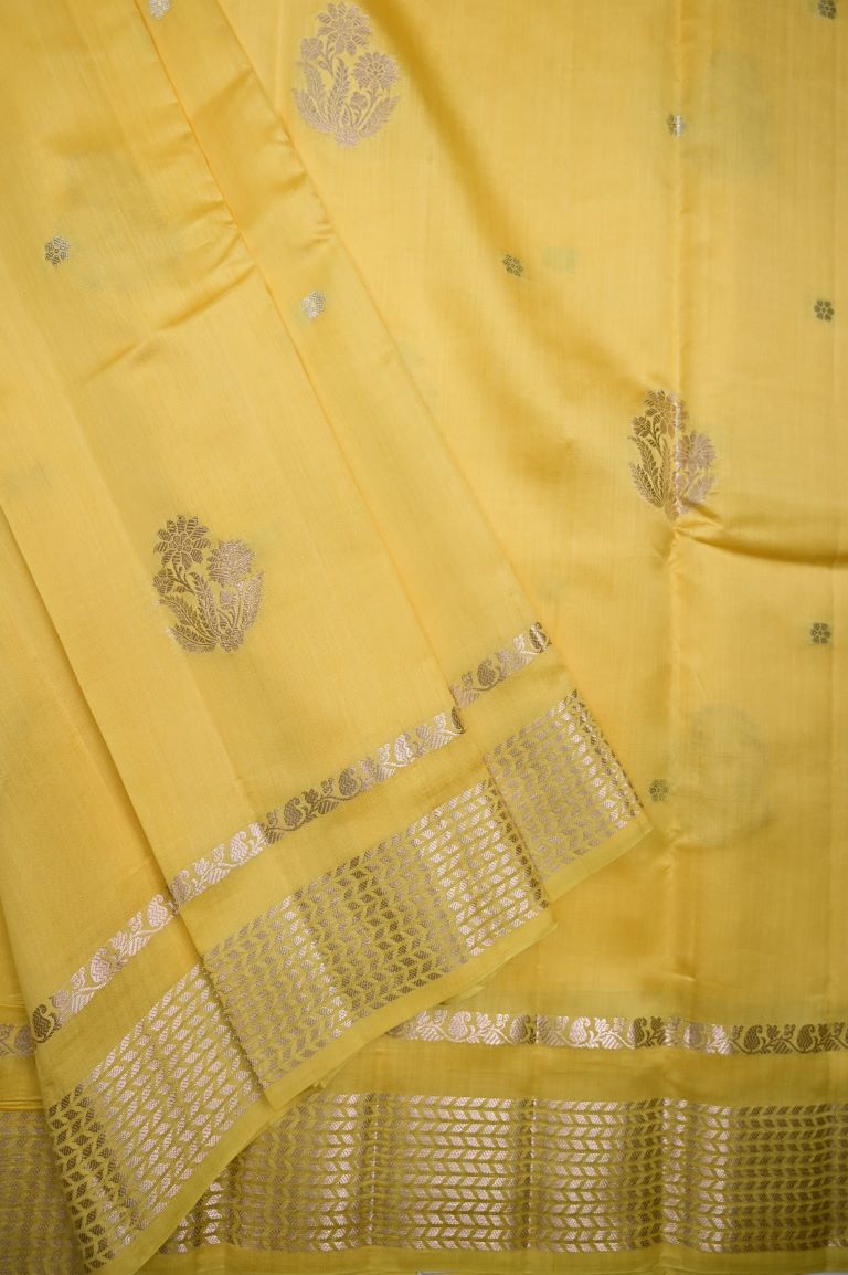 Raw mango pattu saree light yellow color allover zari motifs & zari border with short pallu and brocade blouse