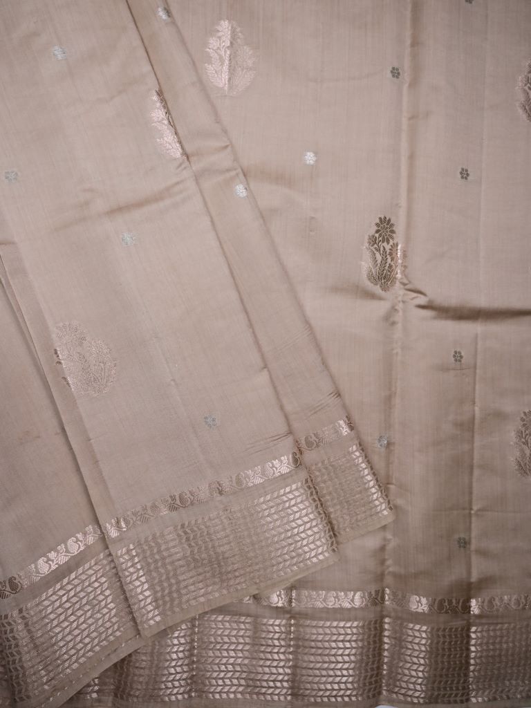 Raw mango pattu saree light grey color allover zari motifs & zari border with short pallu and brocade blouse