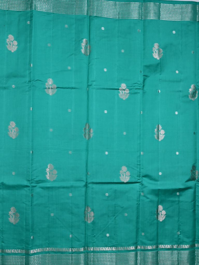 Raw mango pattu saree sky blue color allover zari motifs & zari border with short pallu and brocade blouse