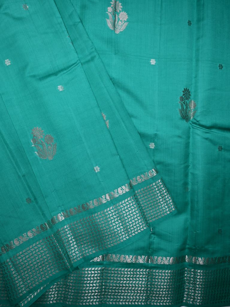 Raw mango pattu saree sky blue color allover zari motifs & zari border with short pallu and brocade blouse