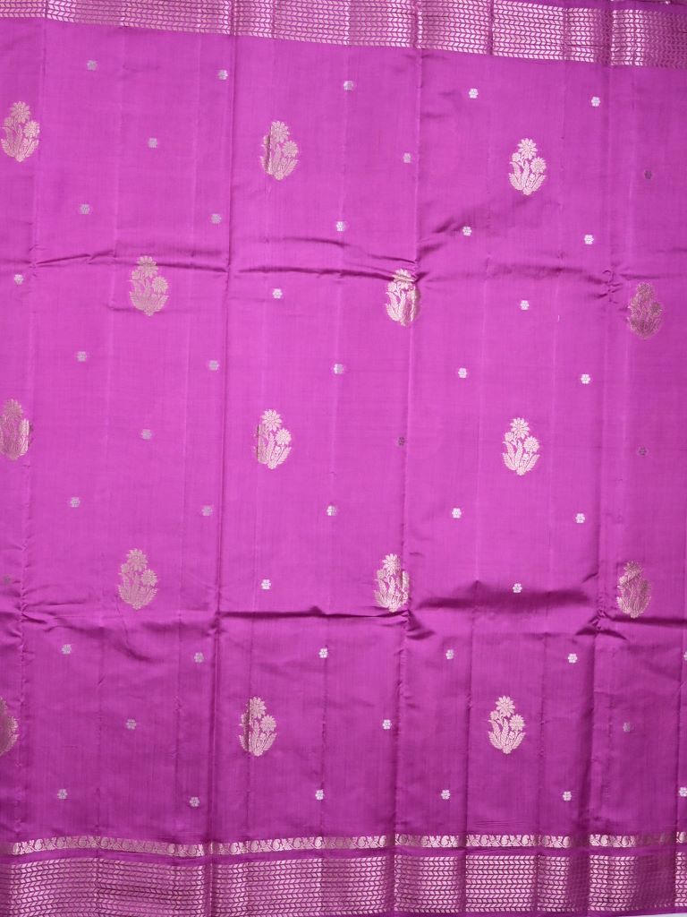 Raw mango pattu saree purple color allover zari motifs & zari border with short pallu and brocade blouse