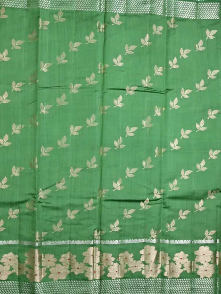 Raw mango pattu saree pista green color allover zari weaves & zari border with short pallu and plain self blouse