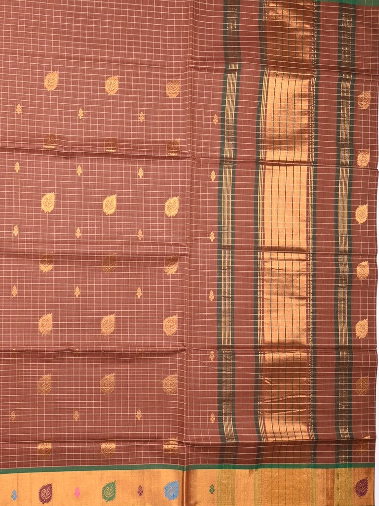 Venkatagiri cotton saree brown color allover motifs & small zari border with zari stripes pallu