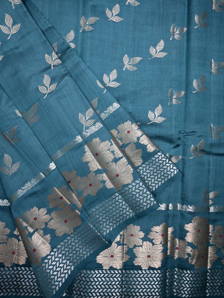 Raw mango pattu saree sky blue color allover zari weaves & zari border with short pallu and plain self blouse