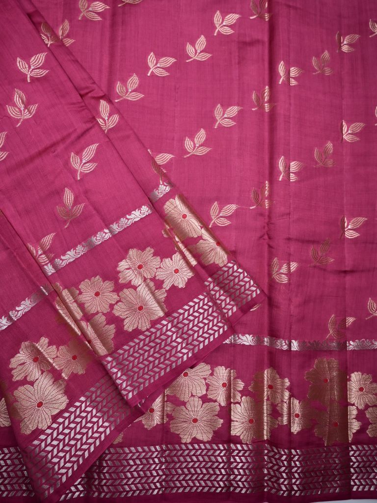 Raw mango pattu saree rose pink color allover zari weaves & zari border with short pallu and plain self blouse