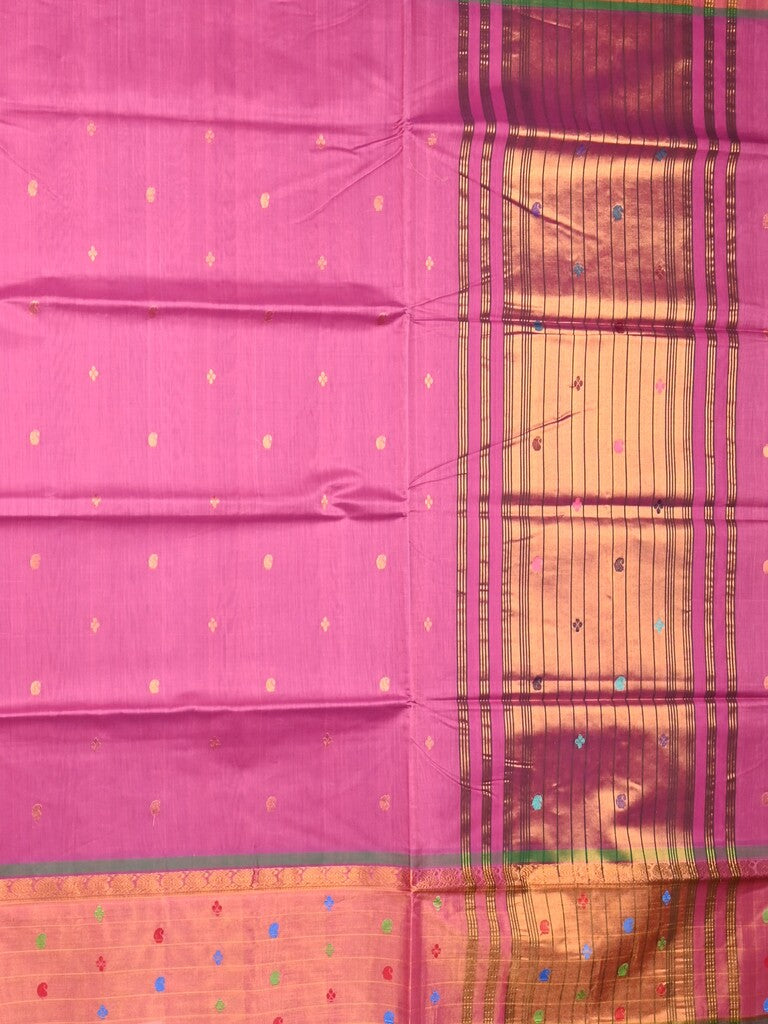 Venkatagiri cotton saree purple color allover motifs & zari border with zari stripes pallu