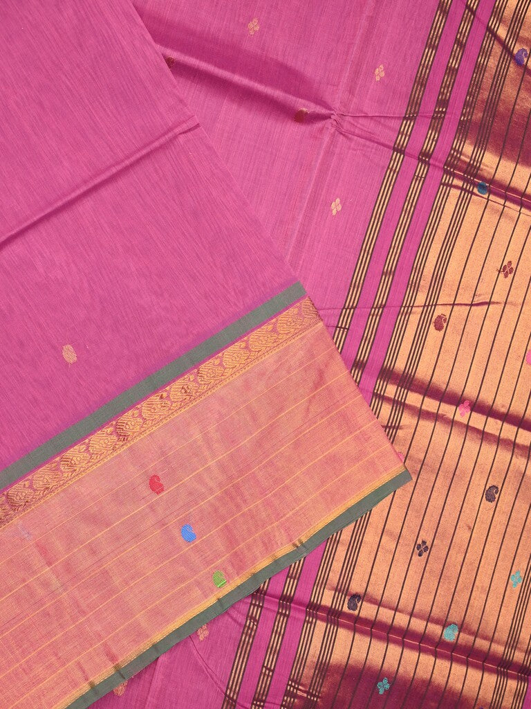Venkatagiri cotton saree purple color allover motifs & zari border with zari stripes pallu