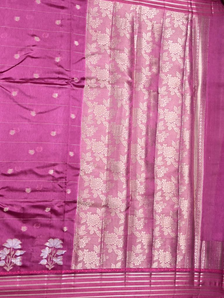 Raw mango pattu saree purple color allover stripes, zari motifs & zari border with rich pallu and contrast plain blouse