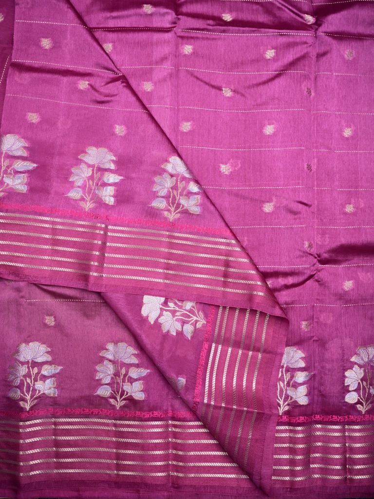 Raw mango pattu saree purple color allover stripes, zari motifs & zari border with rich pallu and contrast plain blouse