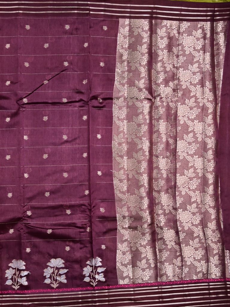 Raw mango pattu saree maroon color allover stripes, zari motifs & zari border with rich pallu and contrast plain blouse