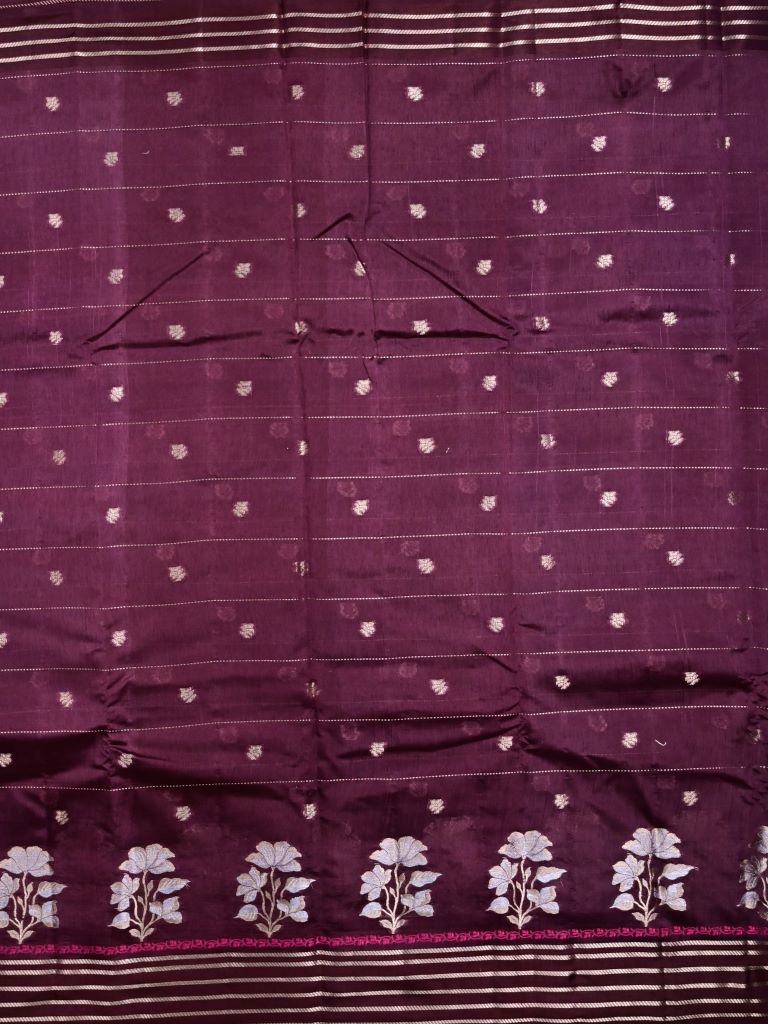 Raw mango pattu saree maroon color allover stripes, zari motifs & zari border with rich pallu and contrast plain blouse