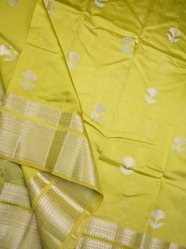 Raw mango pattu saree light yellow color allover zari motifs & zari border with rich pallu and contrast plain blouse