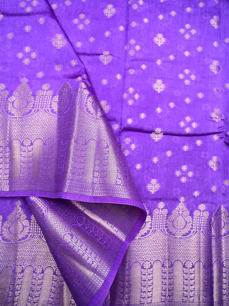 Raw mango pattu saree lavender color allover zari motifs & zari border with rich pallu and contrast plain blouse