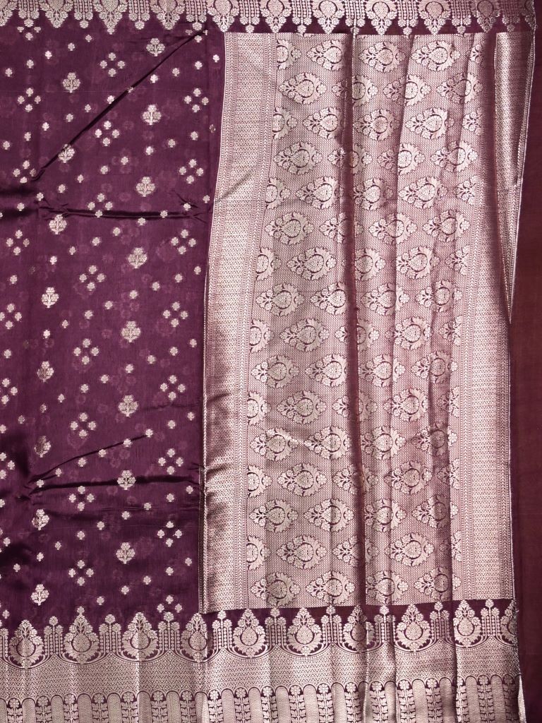 Raw mango pattu saree dark wine color allover zari motifs & zari border with rich pallu and contrast plain blouse