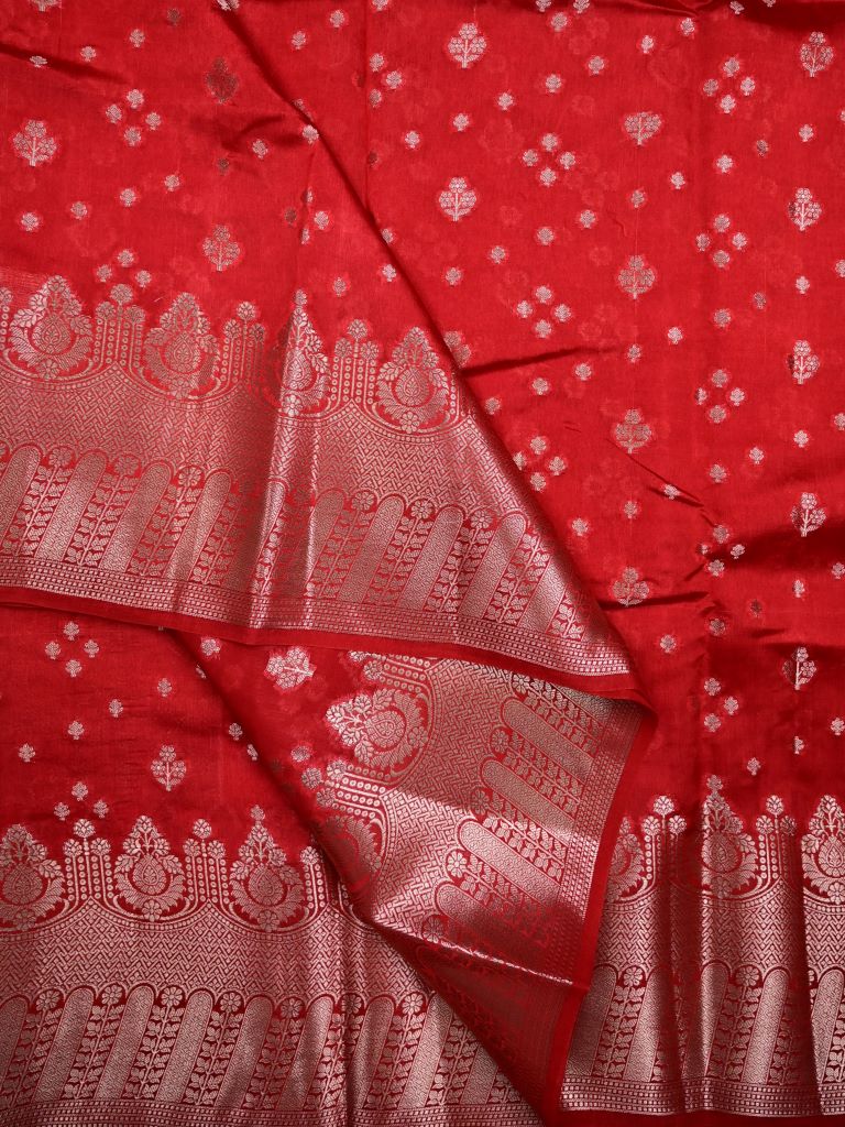 Raw mango pattu saree red color allover zari motifs & zari border with rich pallu and contrast plain blouse