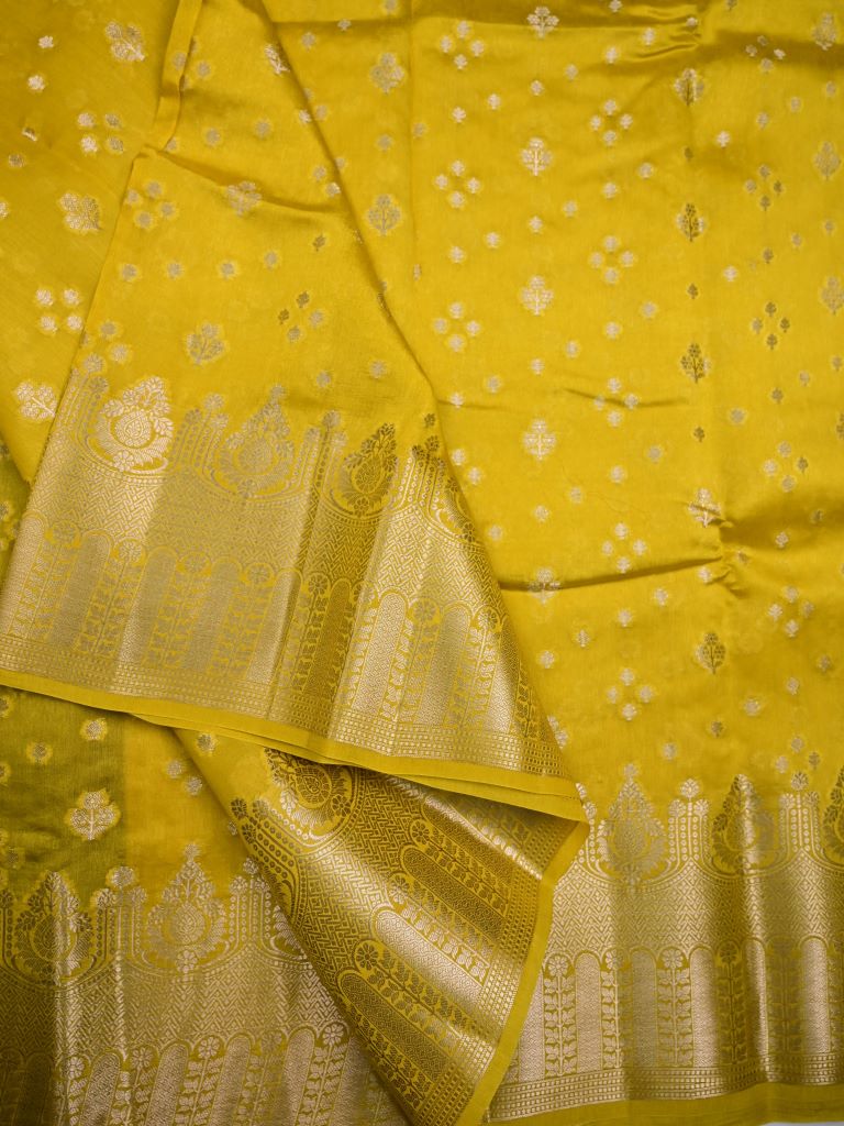 Raw mango pattu saree lemon yellow color allover zari motifs & zari border with rich pallu and contrast plain blouse