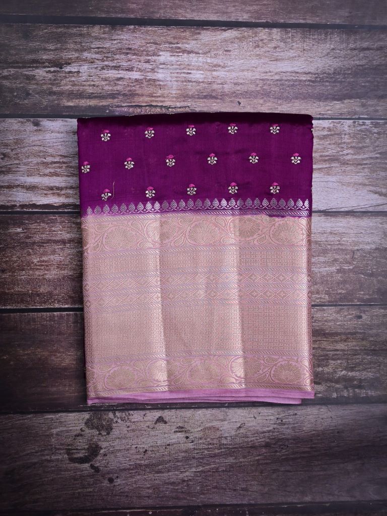 Munga pattu saree violet color allover zari motifs & zari border with brocade pallu and plain contrast blouse