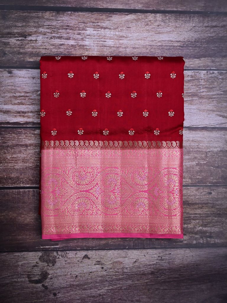 Munga pattu saree maroon color allover zari motifs & zari border with brocade pallu and plain contrast blouse