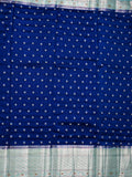 Munga pattu saree royal blue color allover zari motifs & zari border with brocade pallu and plain contrast blouse