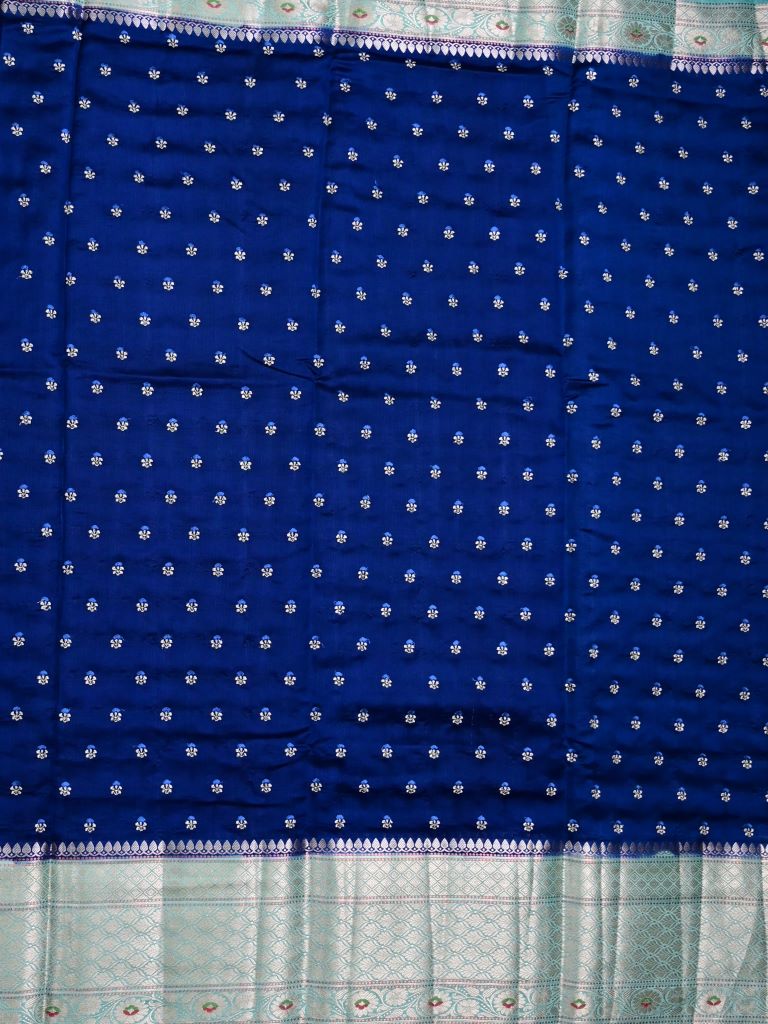 Munga pattu saree royal blue color allover zari motifs & zari border with brocade pallu and plain contrast blouse