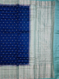 Munga pattu saree royal blue color allover zari motifs & zari border with brocade pallu and plain contrast blouse