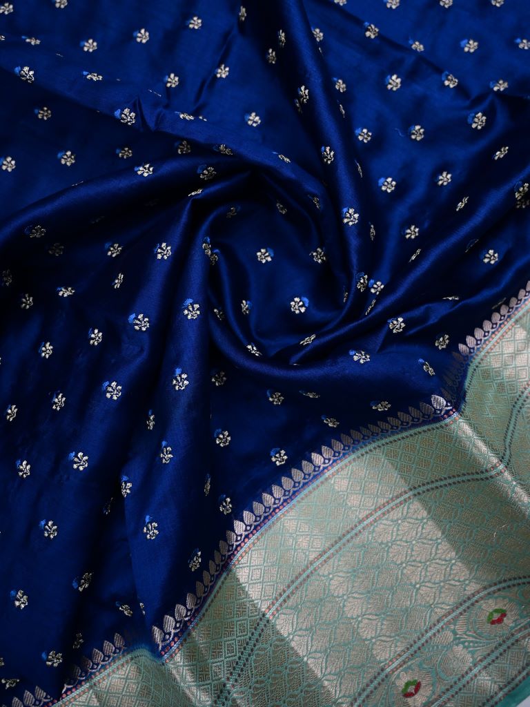 Munga pattu saree royal blue color allover zari motifs & zari border with brocade pallu and plain contrast blouse