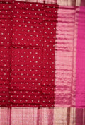 Munga pattu saree maroon color allover zari motifs & zari border with brocade pallu and plain contrast blouse