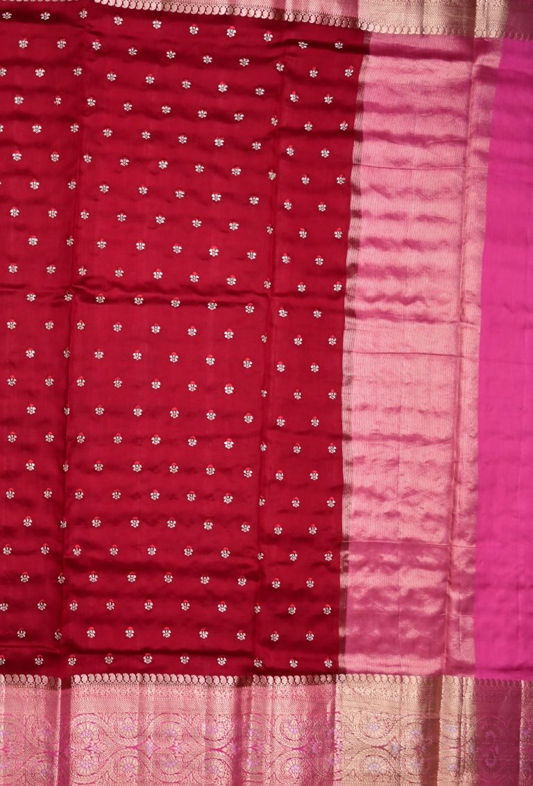 Munga pattu saree maroon color allover zari motifs & zari border with brocade pallu and plain contrast blouse