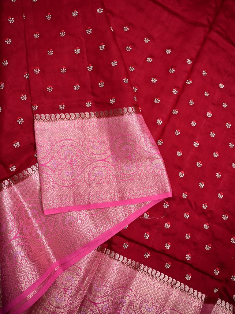 Munga pattu saree maroon color allover zari motifs & zari border with brocade pallu and plain contrast blouse