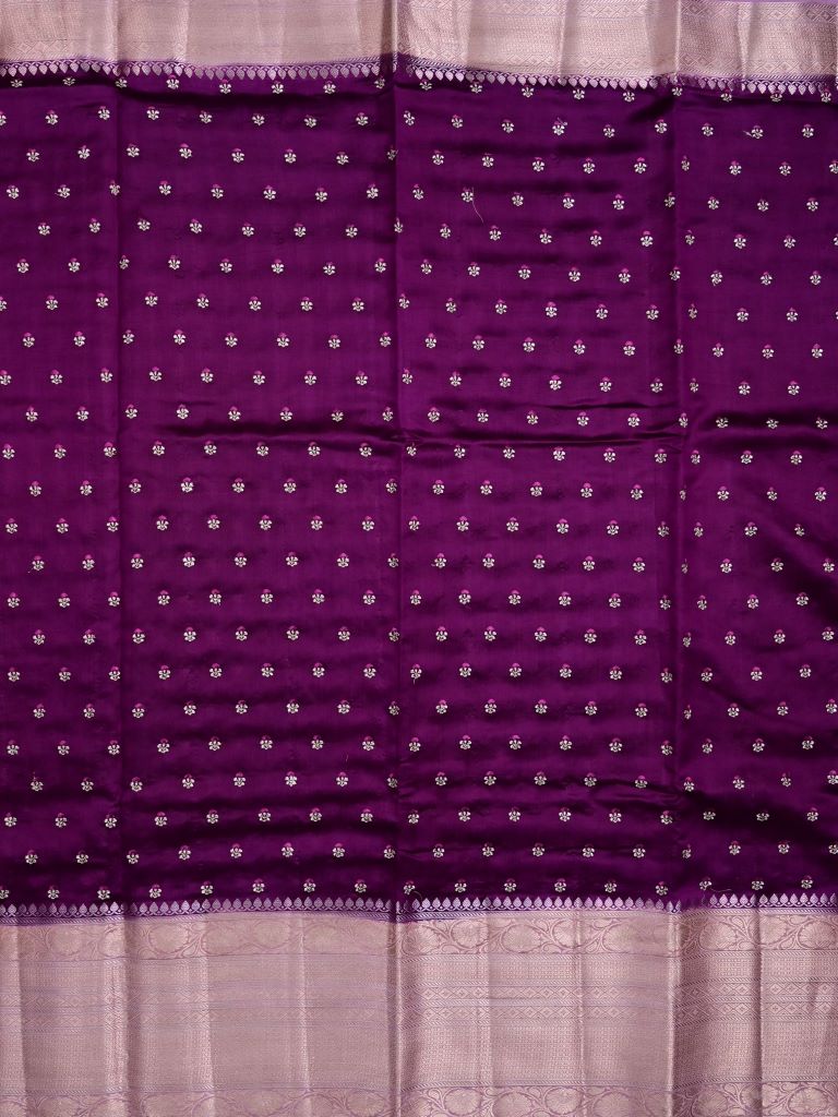 Munga pattu saree violet color allover zari motifs & zari border with brocade pallu and plain contrast blouse