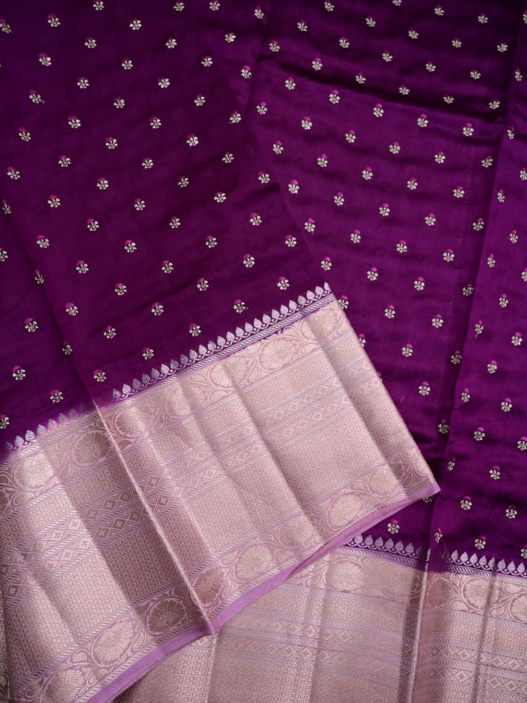 Munga pattu saree violet color allover zari motifs & zari border with brocade pallu and plain contrast blouse