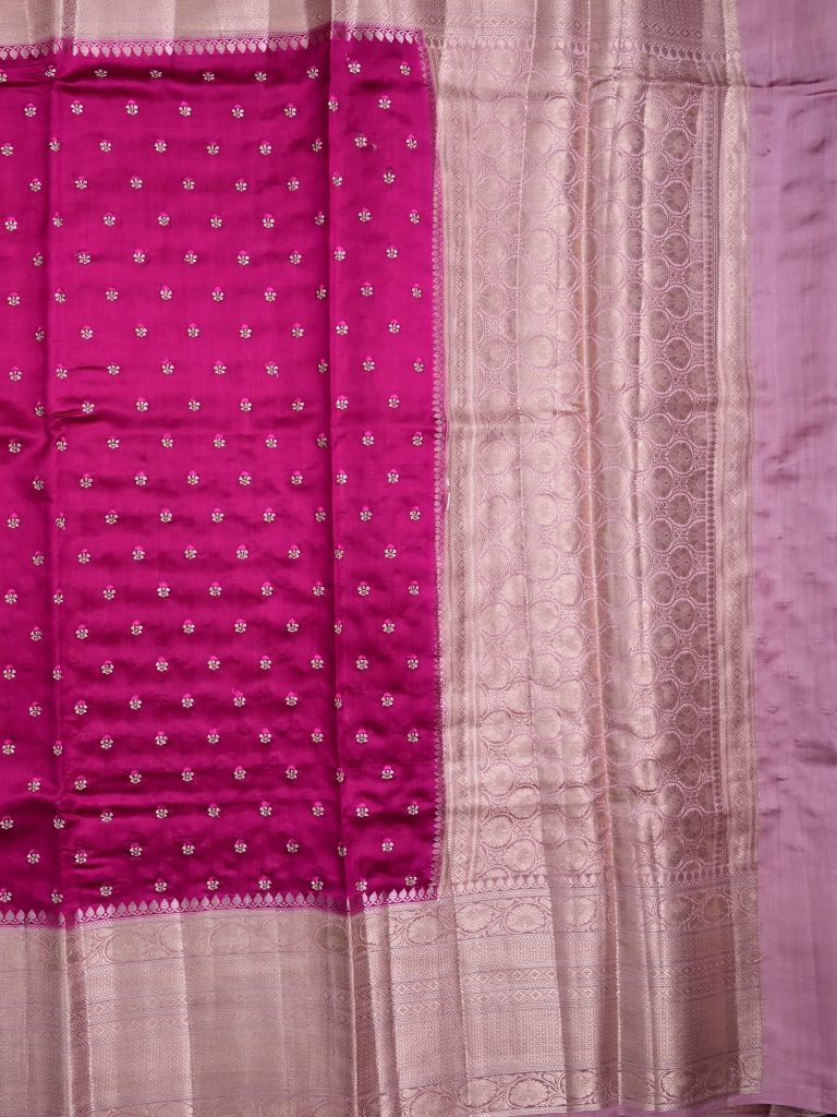 Munga pattu saree magenta color allover zari motifs & zari border with brocade pallu and plain contrast blouse