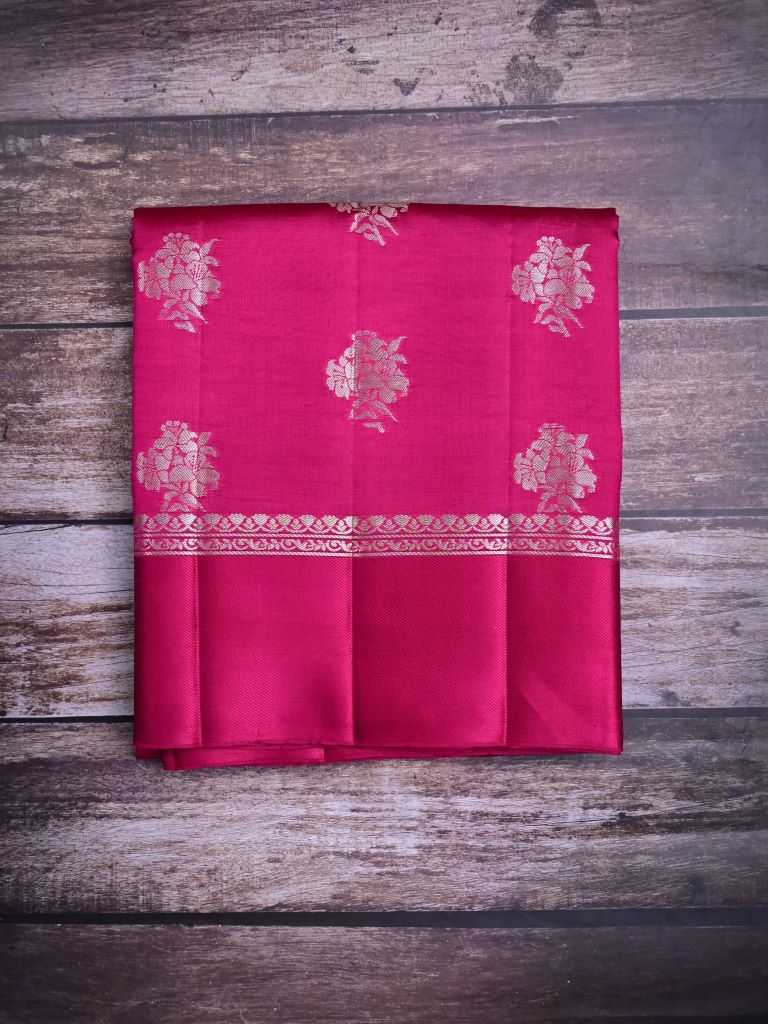 Raw mango pattu saree rose pink color allover zari motifs & small kaddi border with short pallu and contrast blouse