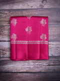 Raw mango pattu saree rose pink color allover zari motifs & small kaddi border with short pallu and contrast blouse