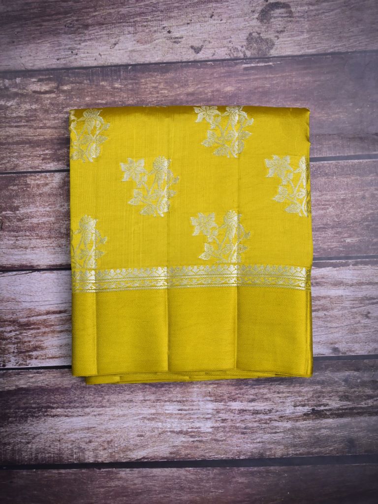 Raw mango pattu saree golden yellow color allover zari motifs & small kaddi border with short pallu and contrast blouse