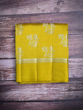 Raw mango pattu saree golden yellow color allover zari motifs & small kaddi border with short pallu and contrast blouse