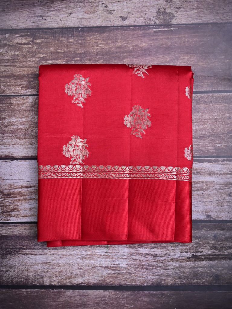 Raw mango pattu saree red color allover zari motifs & small kaddi border with short pallu and contrast blouse