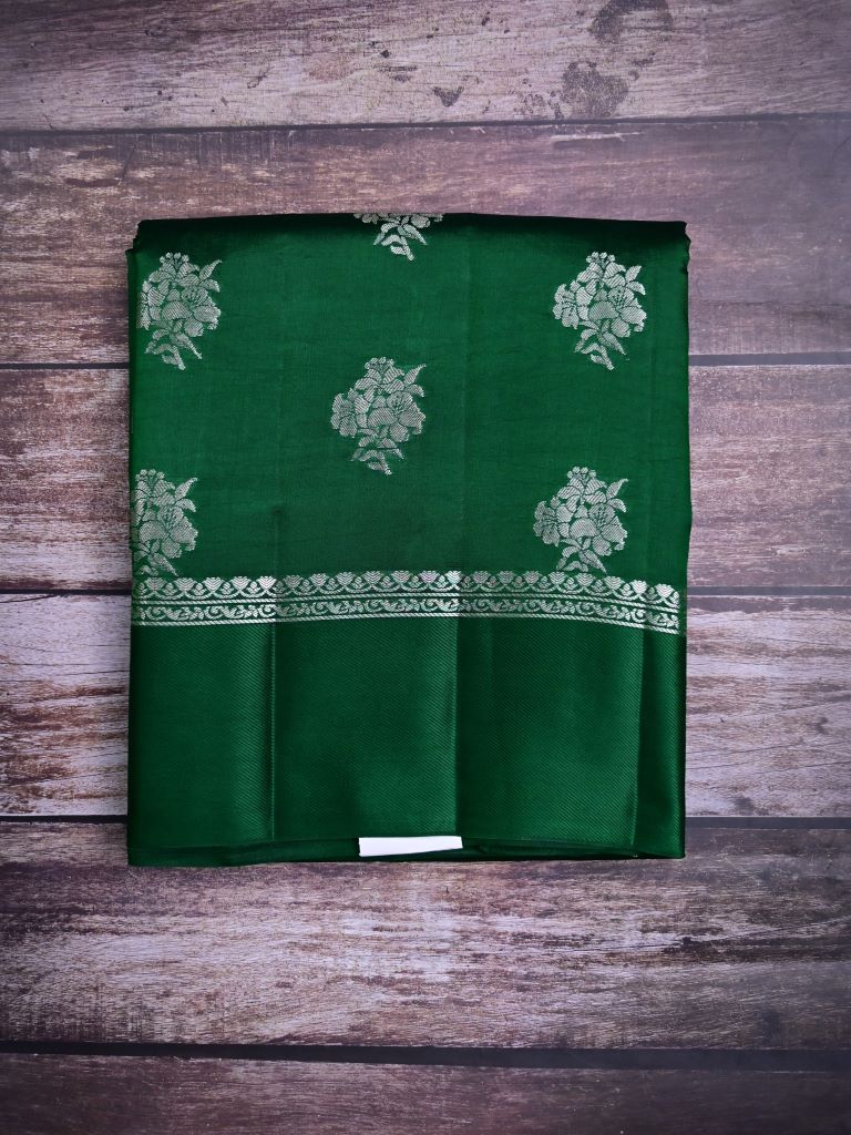 Raw mango pattu saree bottle green color allover zari motifs & small kaddi border with short pallu and contrast blouse