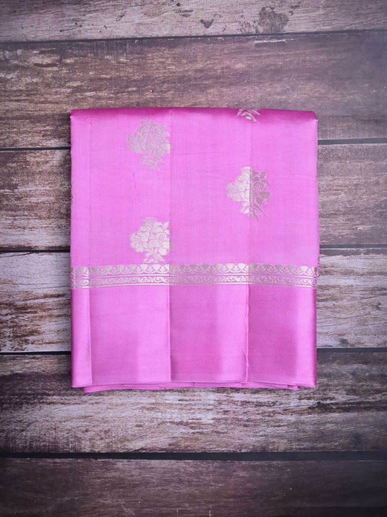 Raw mango pattu saree lavender color allover zari motifs & small kaddi border with short pallu and attached blouse