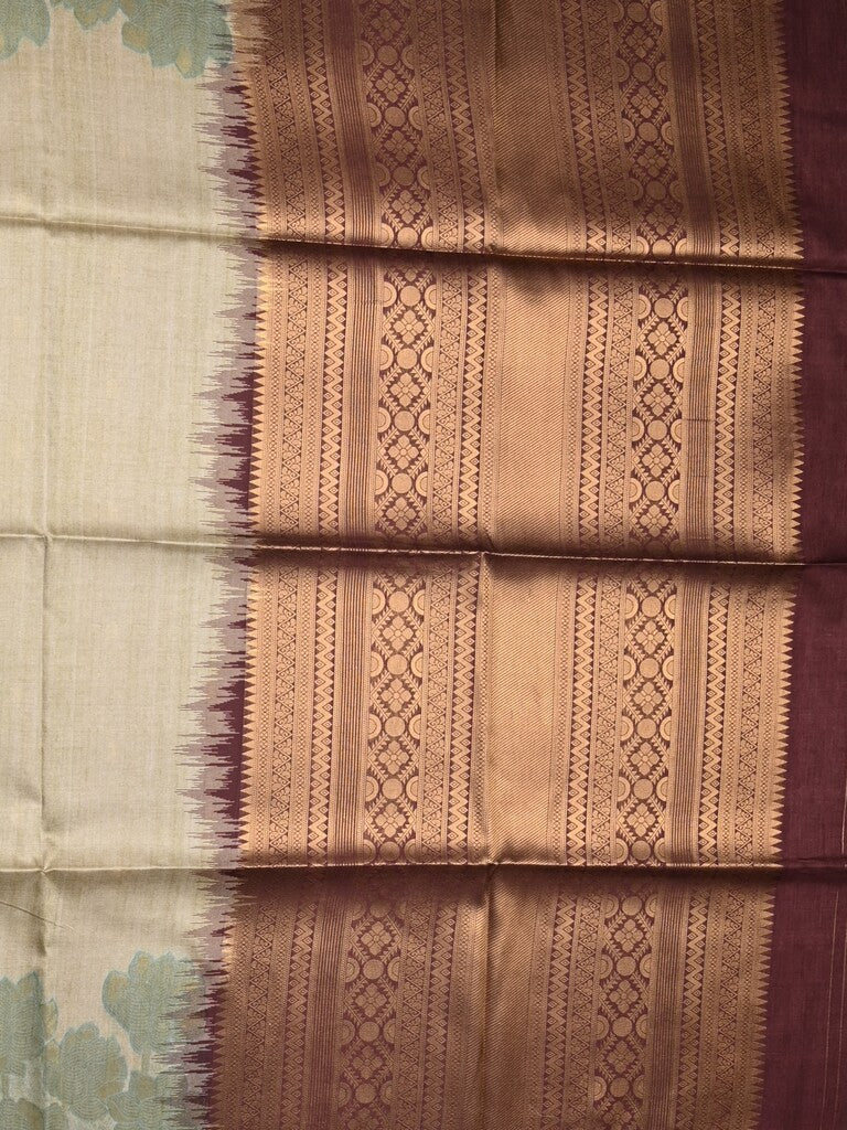 Tussar fancy saree light beige color allover plain & printed border with rich pallu and contrast blouse