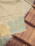 Tussar fancy saree light beige color allover plain & printed border with rich pallu and contrast blouse