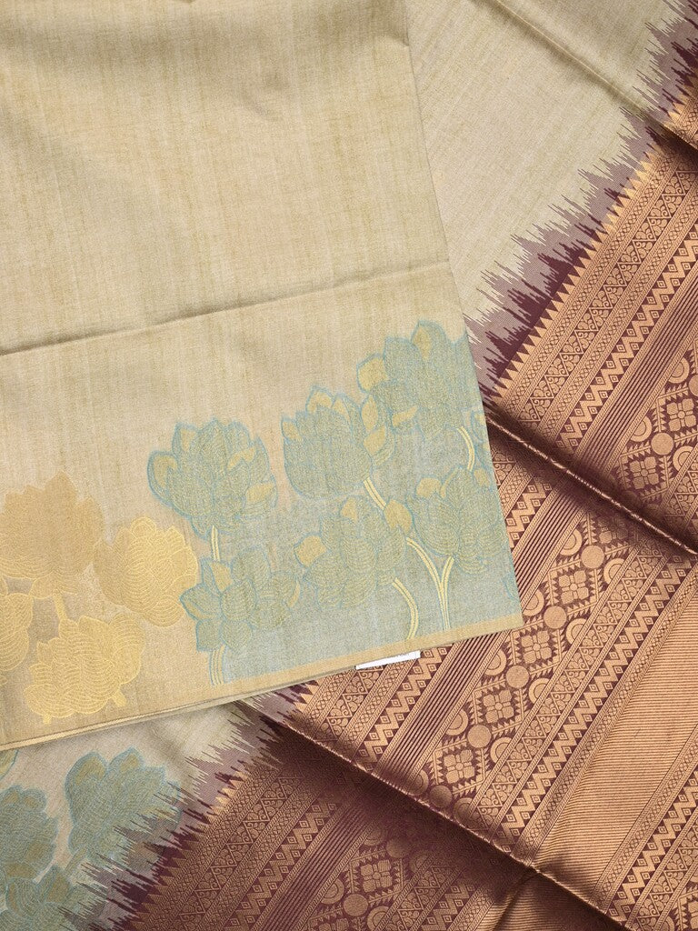 Tussar fancy saree light beige color allover plain & printed border with rich pallu and contrast blouse