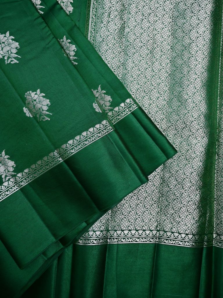 Raw mango pattu saree bottle green color allover zari motifs & small kaddi border with short pallu and contrast blouse