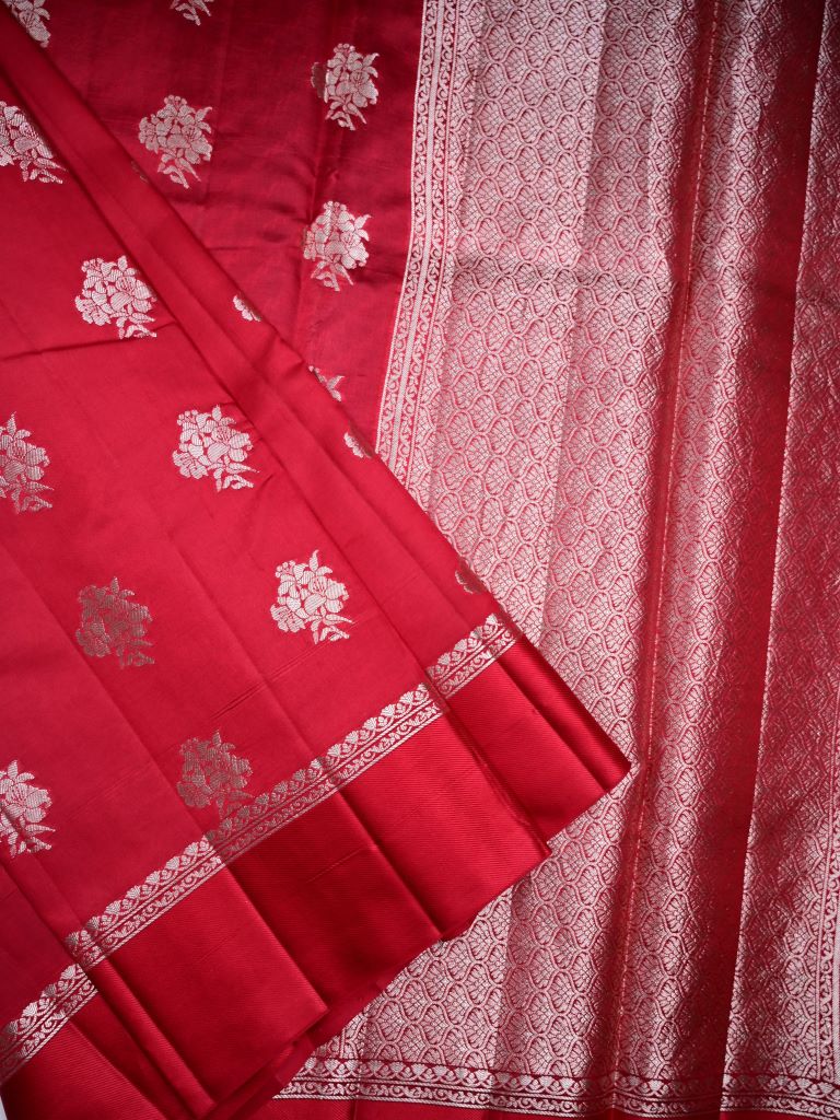 Raw mango pattu saree red color allover zari motifs & small kaddi border with short pallu and contrast blouse