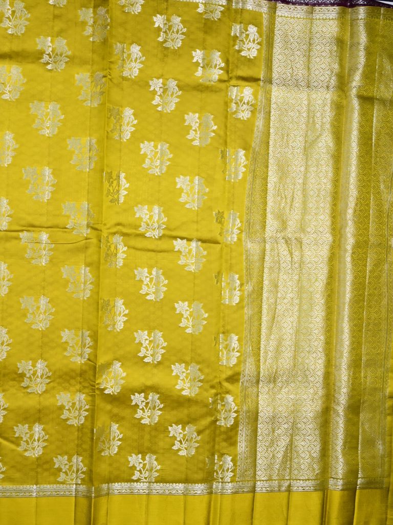 Raw mango pattu saree golden yellow color allover zari motifs & small kaddi border with short pallu and contrast blouse