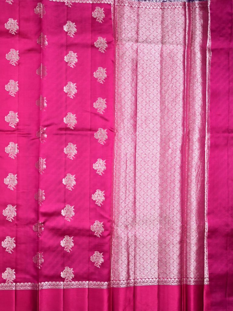 Raw mango pattu saree rose pink color allover zari motifs & small kaddi border with short pallu and contrast blouse