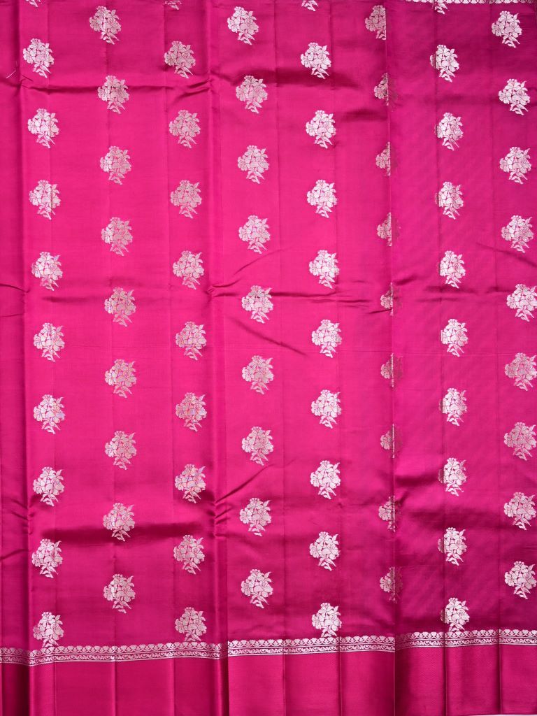 Raw mango pattu saree rose pink color allover zari motifs & small kaddi border with short pallu and contrast blouse